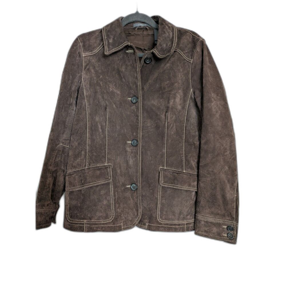 Liz Claiborne Suede Leather Jacket Large Brown Contrast Stitch Button Front